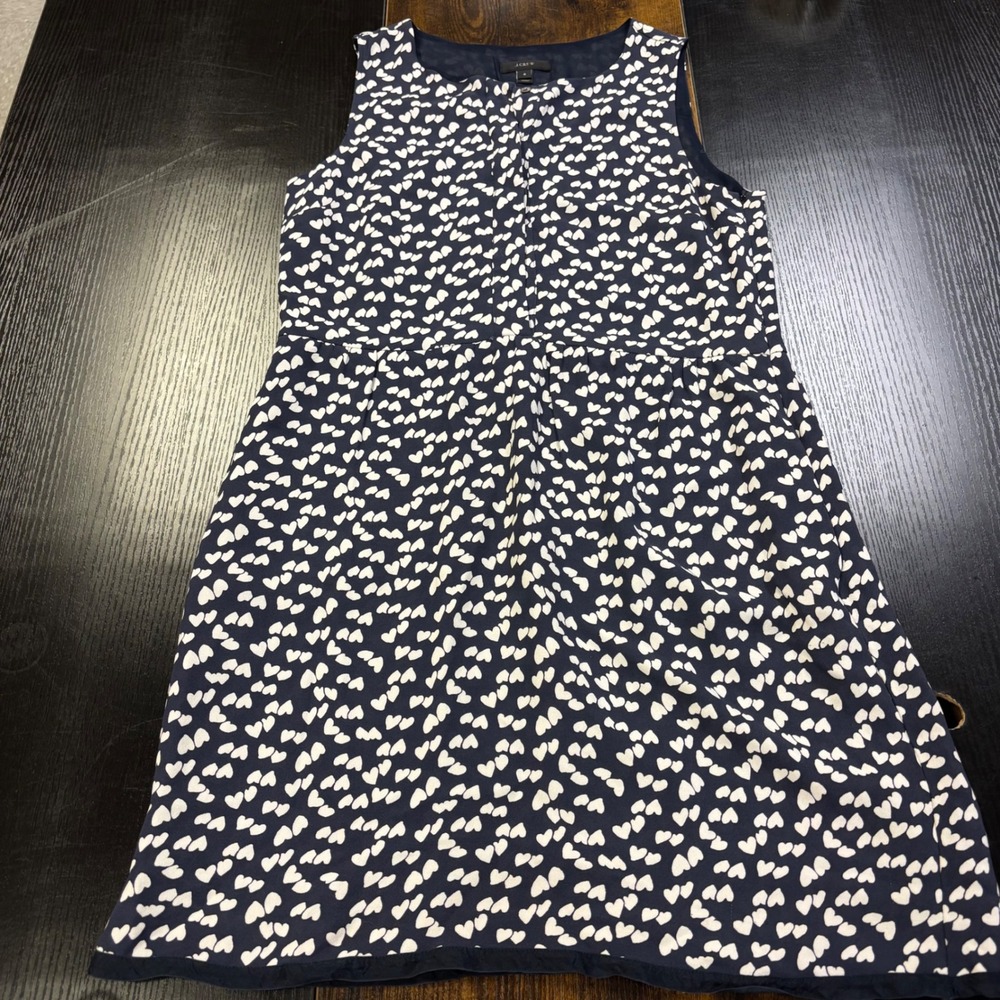 J.Crew Navy Blue White Heart Print Sleeveless Dress 6 Viscose Pocket Zip Casual